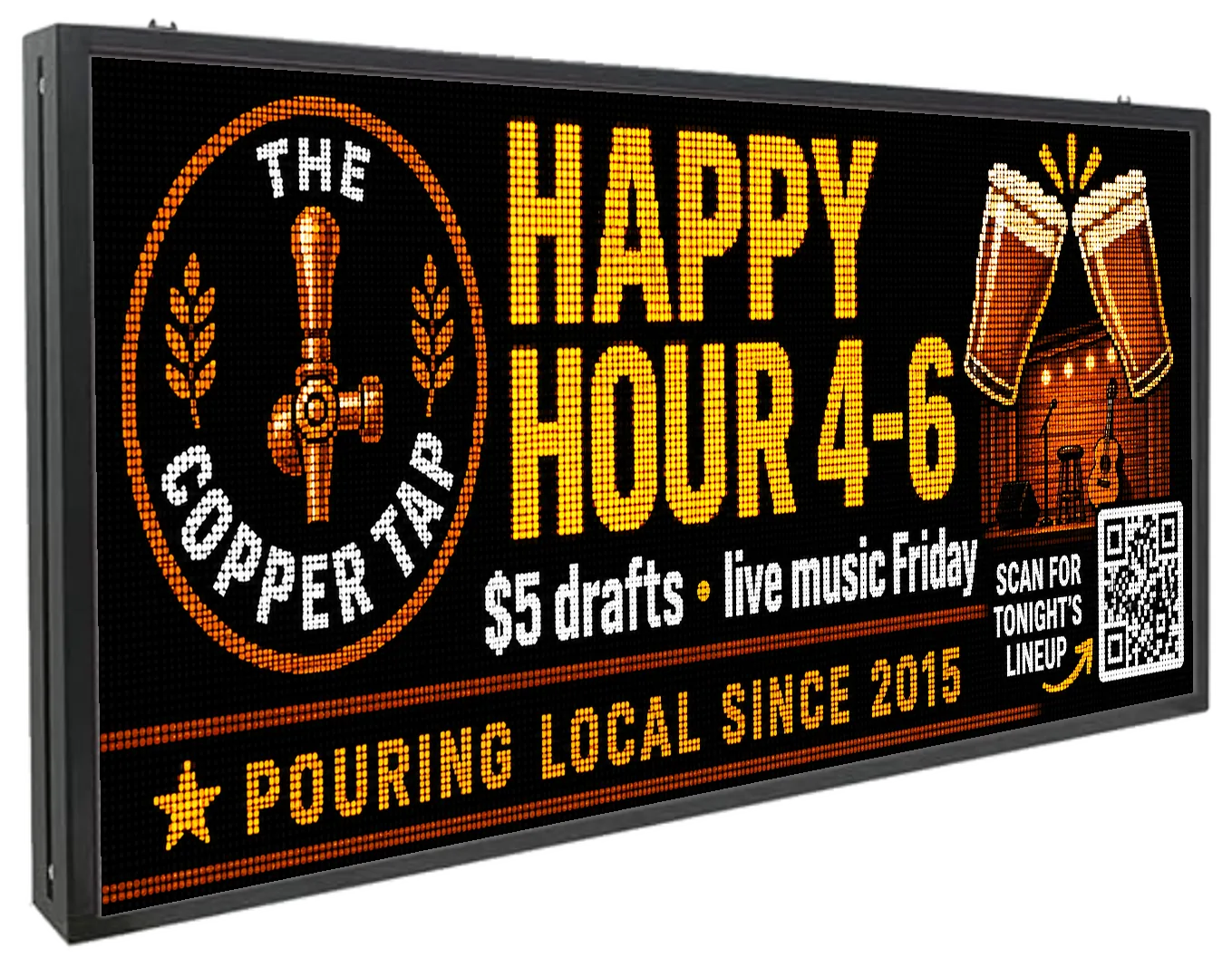 The Marquello LED board showing an AI-drafted bar happy-hour ad