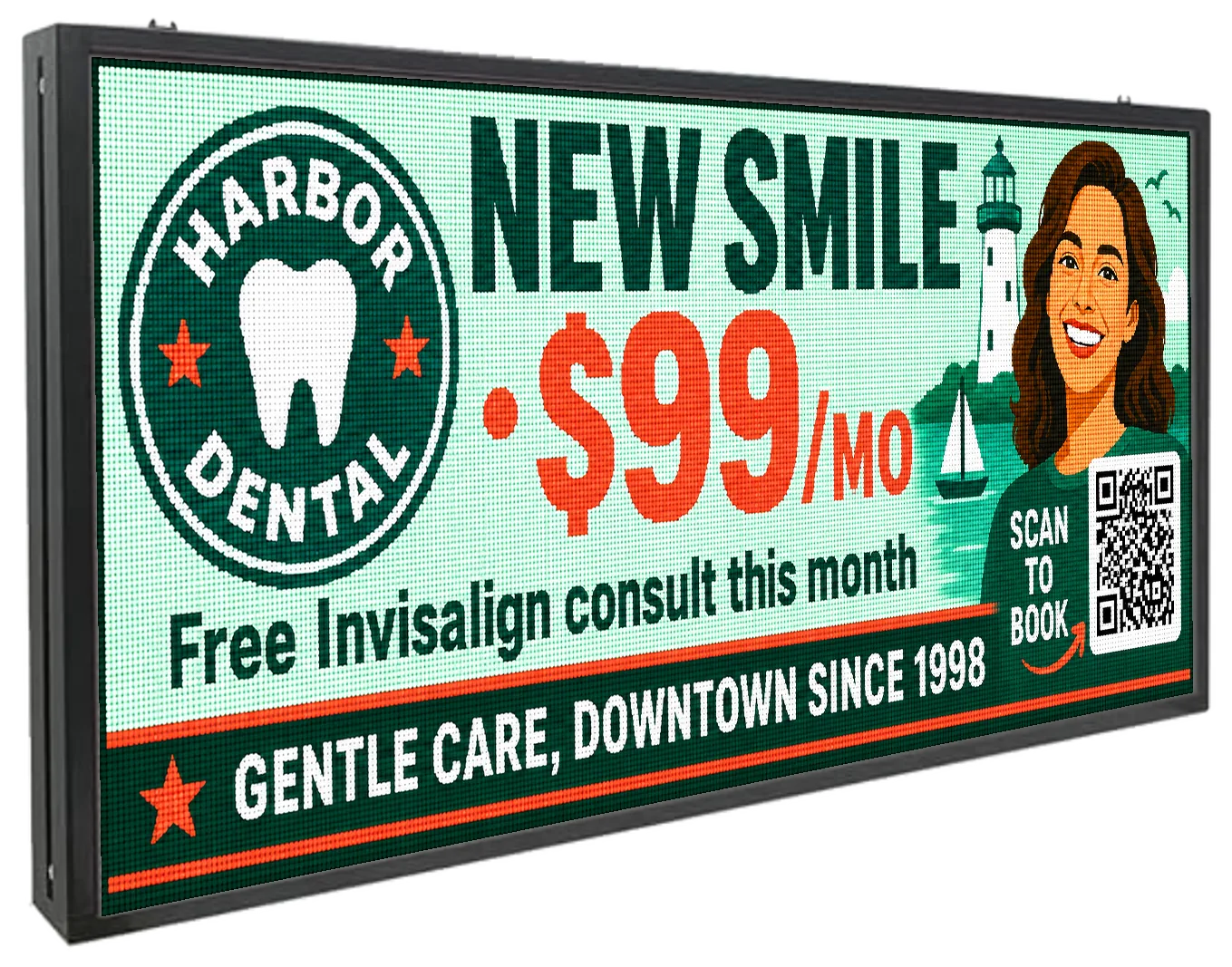 The Marquello LED board showing an AI-drafted dental practice ad