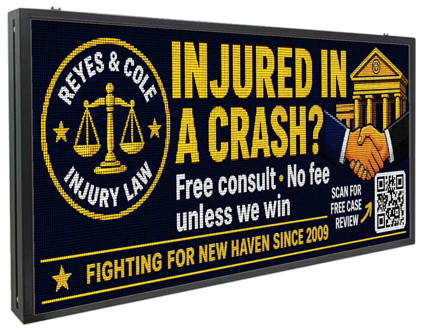 The Marquello LED board showing an AI-drafted injury-law ad