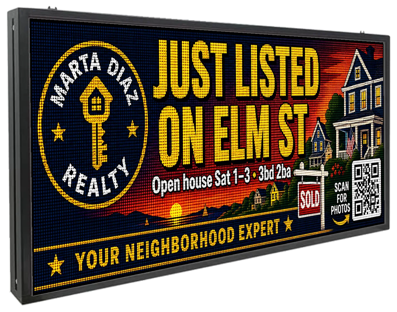 The Marquello LED board showing an AI-drafted real-estate ad